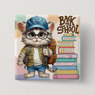 Schattig terug naar school kat dragen rugzak vierkante button 5,1 cm