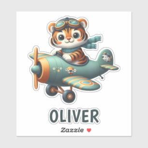 Schattig Tijgerkind dat een Vliegtuig Bestuurt Per Sticker