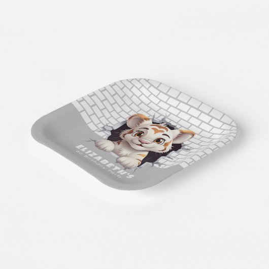 Schattig tijgerwelpje dat licht grijs feestje erui papieren bordje (Gebogen)