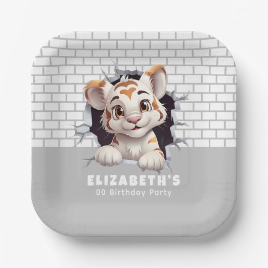 Schattig tijgerwelpje dat licht grijs feestje erui papieren bordje (Voorkant)
