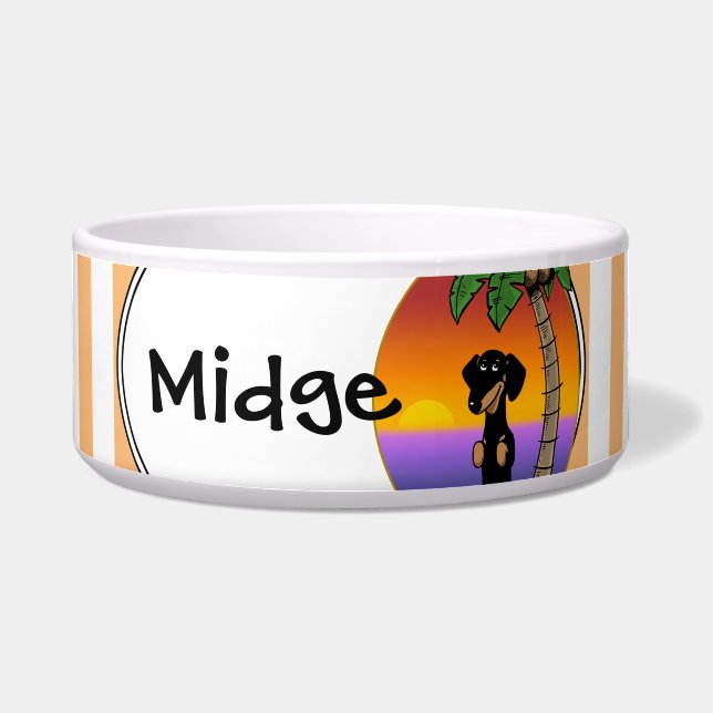 Schattig tropisch eiland strand Dachshund (zwart & Voerbakje (Voorkant)