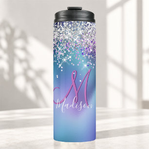 Schattig turquoise paarse nepschitterend monogram thermosbeker