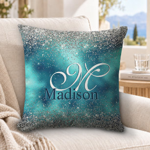 Schattig turquoise zilveren nepschitter monogram kussen