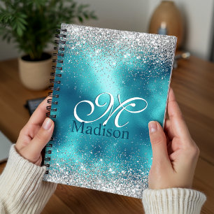 Schattig turquoise zilveren nepschitter monogram planner