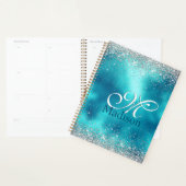 Schattig turquoise zilveren nepschitter monogram planner (Display)