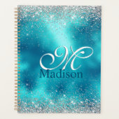Schattig turquoise zilveren nepschitter monogram planner (Voorkant)