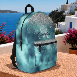 Schattig turquoise zilveren nepschitterend monogra bedrukte rugzak
