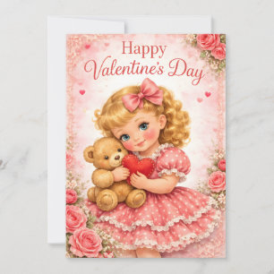 Schattig Valentijnsmeisje met teddybeer Kaart