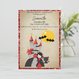 Schattig vampiermeisje en heksenhuis Halloween Kaart