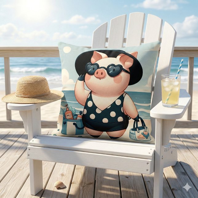 Schattig Varken in Stippenzwemkostuum op het Stran Kussen (Cute Pig in Polka Dot Swimsuit at the Beach Throw Pillow Mockup A)