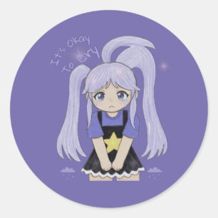 Schattig Verdrietig Meisje Hand Getekende Illustra Ronde Sticker
