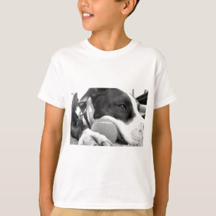 schattig verdrietig uitziende pitbull hond zwart w t-shirt