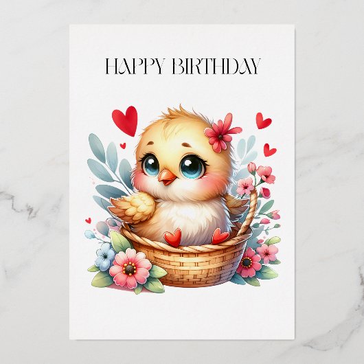 Schattig verjaardags kuiken. folie uitnodiging (Voorkant)