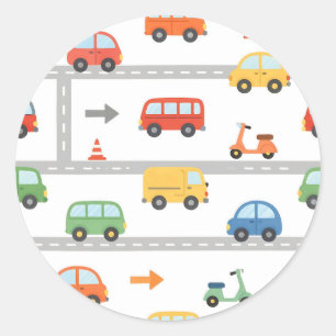 Schattig Verkeer Weg Voertuigen Patroon Kinderen Ronde Sticker