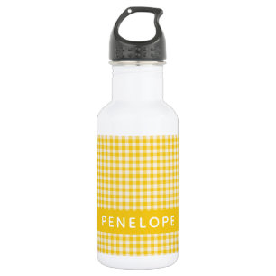 Schattig Vintage Geel Gingham Geruit Gepersonalise Waterfles