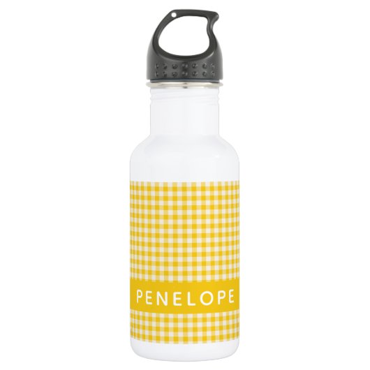 Schattig Vintage Geel Gingham Geruit Gepersonalise Waterfles (Voorkant)