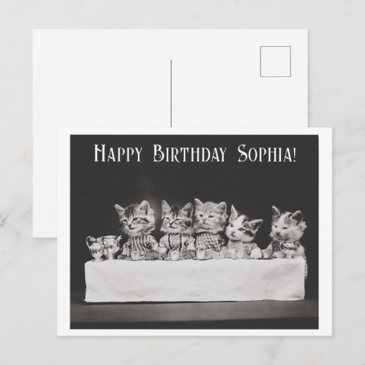 Schattig vintage kat verjaardag theepartij briefkaart (Voorkant / Achterkant)