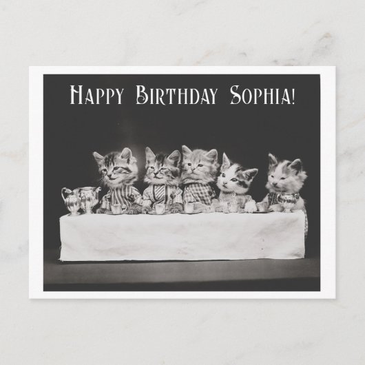 Schattig vintage kat verjaardag theepartij  briefkaart (Voorkant)