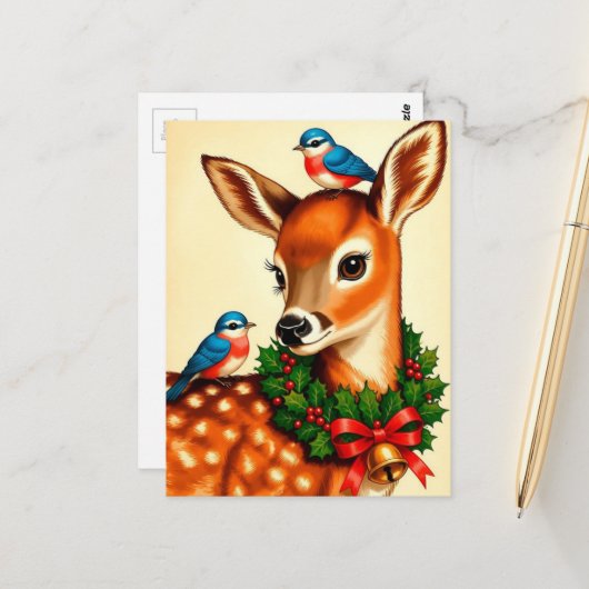 Schattig Vintage Kerst Ree Briefkaart (Voorkant / Achterkant in situ)