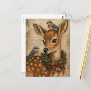 Schattig Vintage Kerst Ree en Vogels Briefkaart