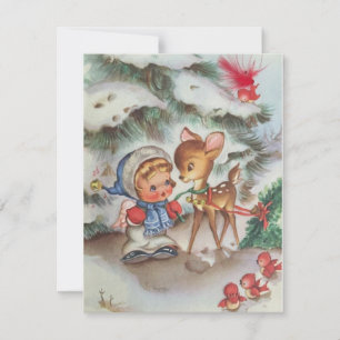 Schattig Vintage Kerstmeisje Met Babyhert Feestdagenkaart