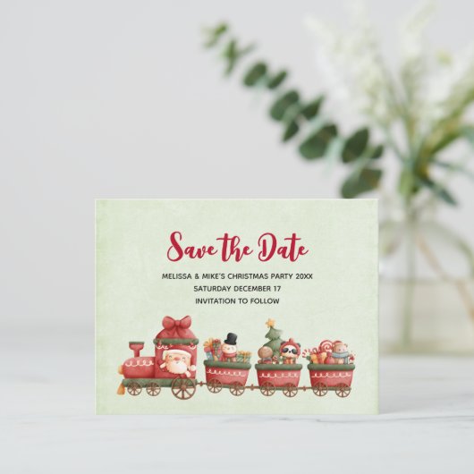 Schattig vintage kersttrein met speelgoed Save the Uitnodiging Briefkaart (Staand voorkant)