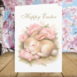 Schattig vintage konijn roze paasbloem bedankkaart