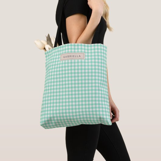 Schattig Vintage Mintgroene Gingham Plaid Persoonl Tote Bag (Dichtbij)