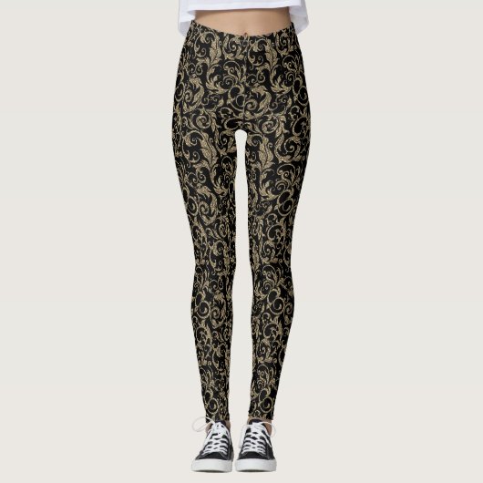 Schattig vintage zwart bruin bloempatroon leggings (Voorkant)