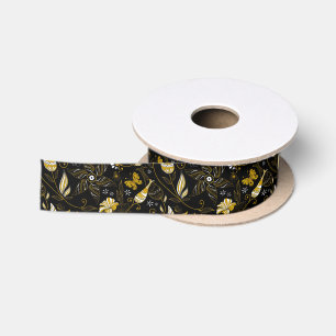 Schattig vintage zwart gouden bloempatroon satijnen lint