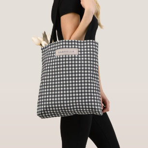 Schattig Vintage Zwart Grijs Gingham Geruit Gepers Tote Bag