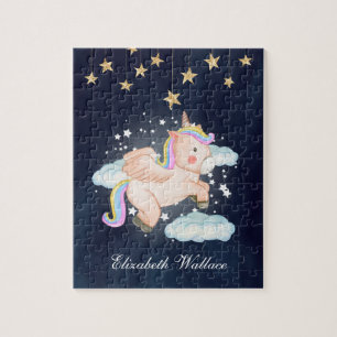 Schattig Vliegend Eenhoorn Nachtelijke Hemel Marin Legpuzzel