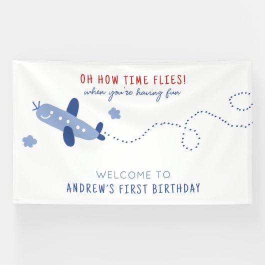 Schattig Vliegtuig Hoe de tijd vliegt Verjaardagsf Spandoek (Horizontaal)
