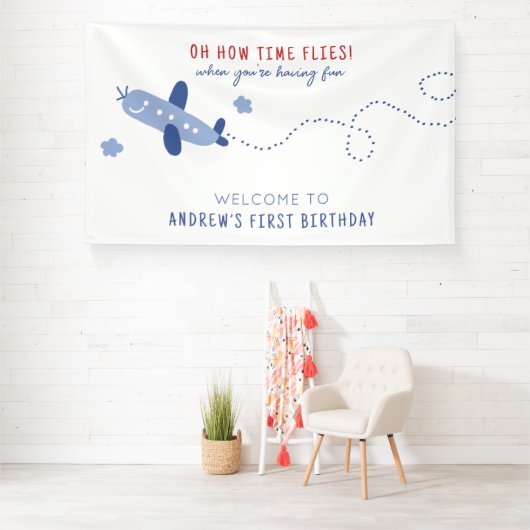 Schattig Vliegtuig Hoe de tijd vliegt Verjaardagsf Spandoek (Insitu)