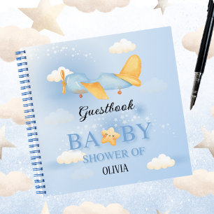 Schattig vliegtuig, wolken & ster, babyshower gast notitieboek