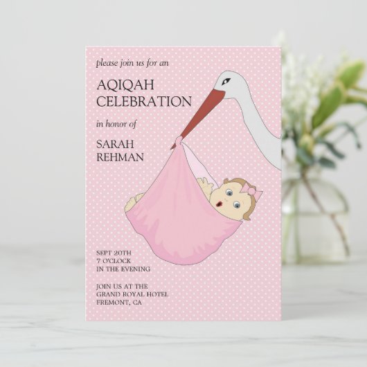 Schattig vogel roze baby meisje Aqiqah Kaart (Staand voorkant)