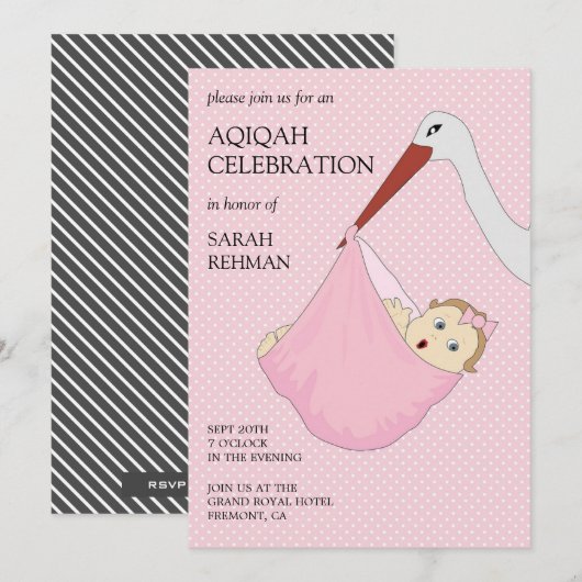 Schattig vogel roze baby meisje Aqiqah Kaart (Voorkant / Achterkant)