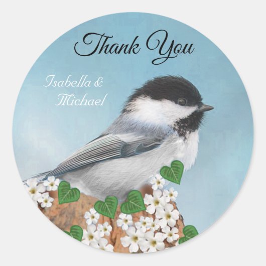 Schattig vogeltje & bloemen Dank je wel Ronde Sticker (Voorkant)