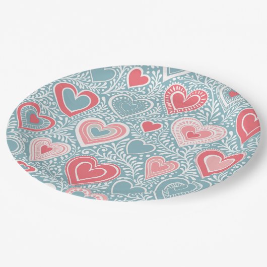 Schattig Volk Bloemhart Stof Blauw Blosroze Meisje Papieren Bordje (Gekanteld)