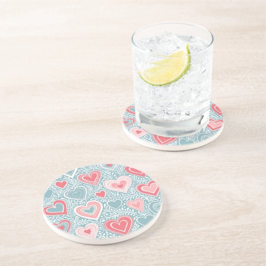 Schattig Volk Bloemhart Stof Blauw Roze Meisje Zandsteen Onderzetter (Zijkant)