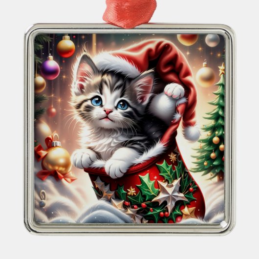 schattig vrolijk kerst kat metalen ornament (Voorkant)