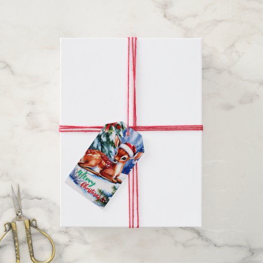 schattig Vrolijk Kerstfeest witte winterherten faw Cadeaulabel (Met Touw)