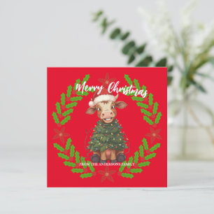Schattig vrolijke Koe Kerstboom kalf os Xmas patro Feestdagenkaart