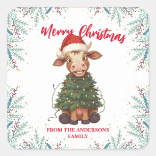 Schattig vrolijke Koe Kerstboom kalf os Xmas patro Vierkante Sticker