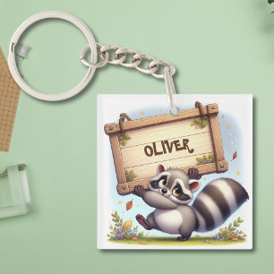 Schattig wasbeer met aanpasbaar naam bord sleutelhanger