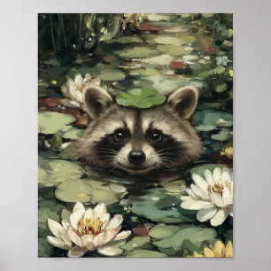 Schattig wasbeer met waterlelie hoed waterverf wat poster