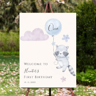 Schattig Wasbeer Vliegende Ballon Eerste Verjaarda Poster