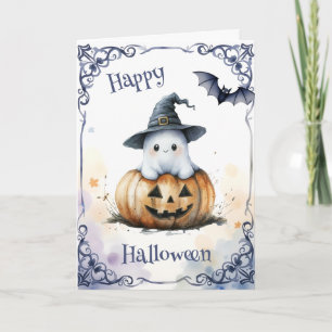 Schattig watercolor Halloween spook op een Jack o' Kaart