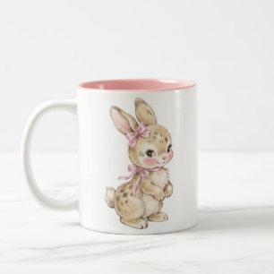 Schattig Waterverf Baby Konijn met Roze Strik Twee Tweekleurige Koffiemok