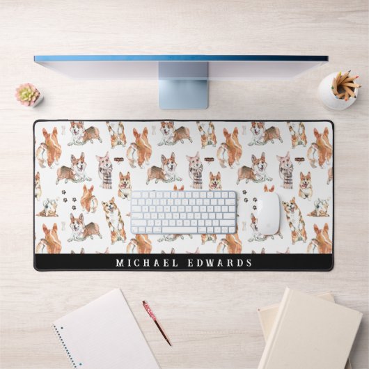 Schattig Waterverf Corgi Hond Patroon Monogram Bureaumat (Kantoor 1)